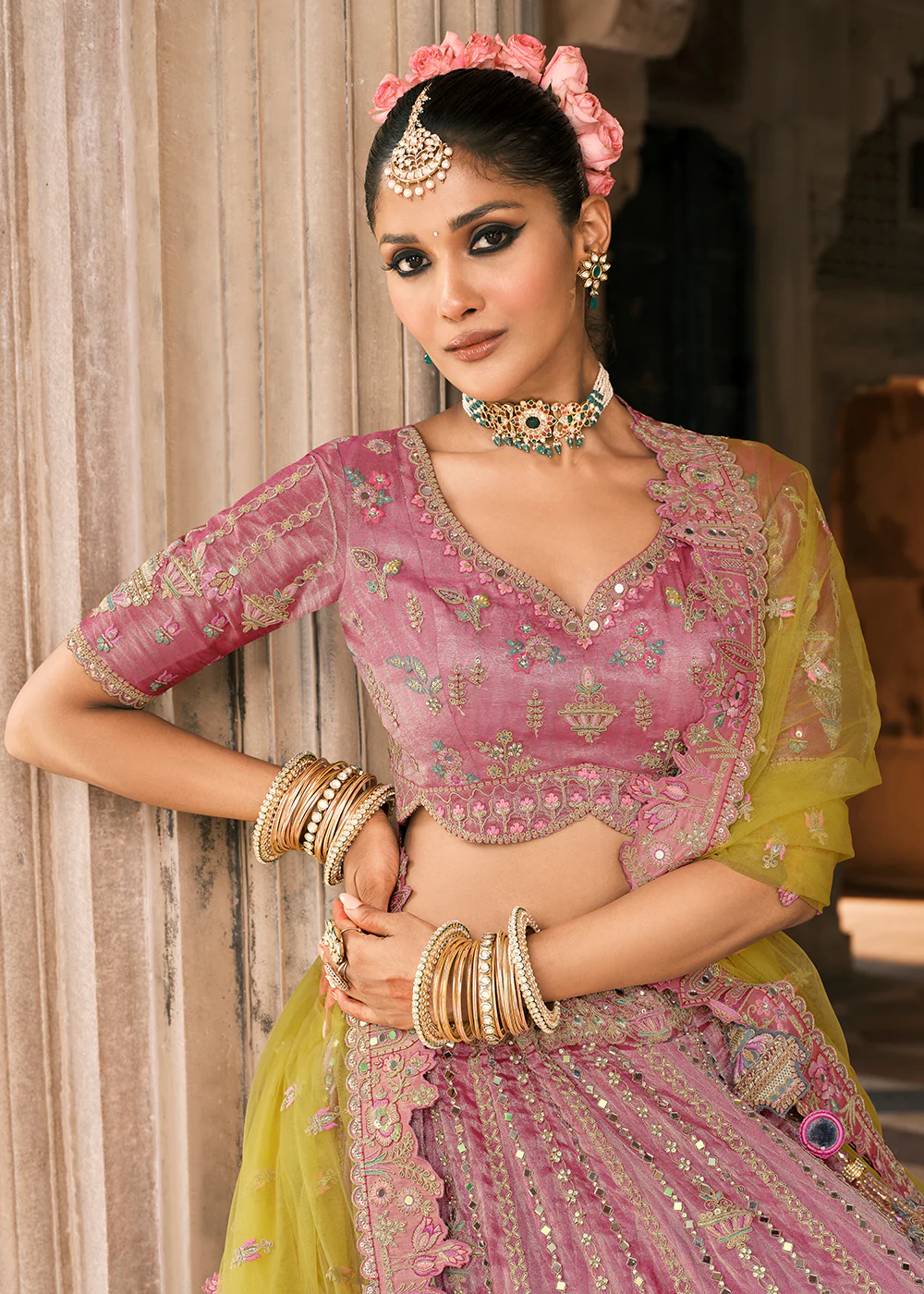 Designer Pink & Yellow Bridal Silk Lehenga Choli - Image 2