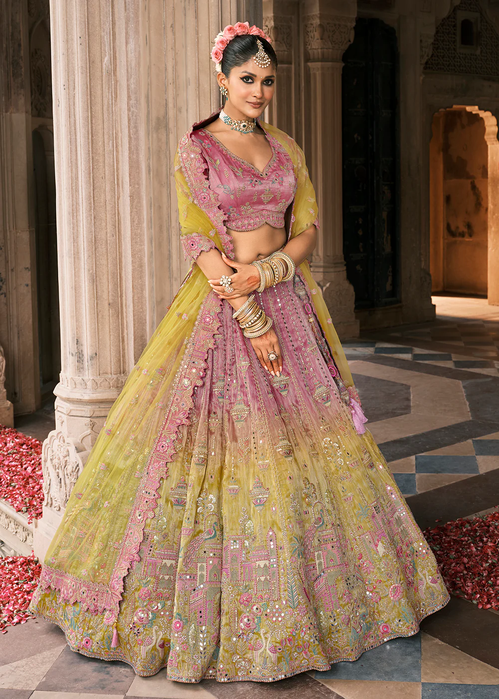 Designer Pink & Yellow Bridal Silk Lehenga Choli - Image 3