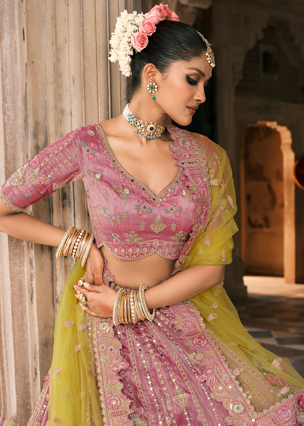 Designer Pink & Yellow Bridal Silk Lehenga Choli - Image 4