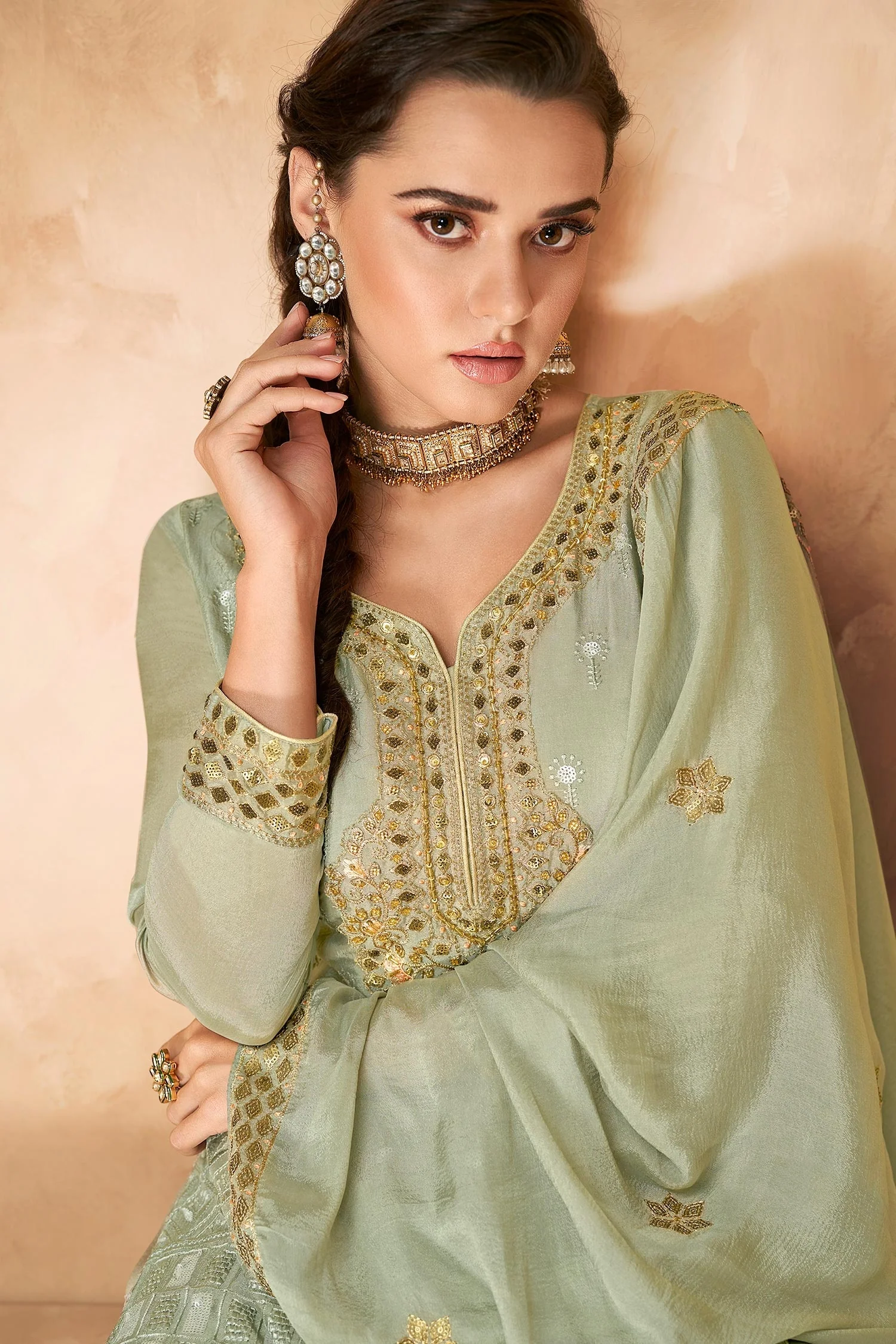 Designer Pistachio Green Georgette Embroidered Sharara Outfit - Image 2