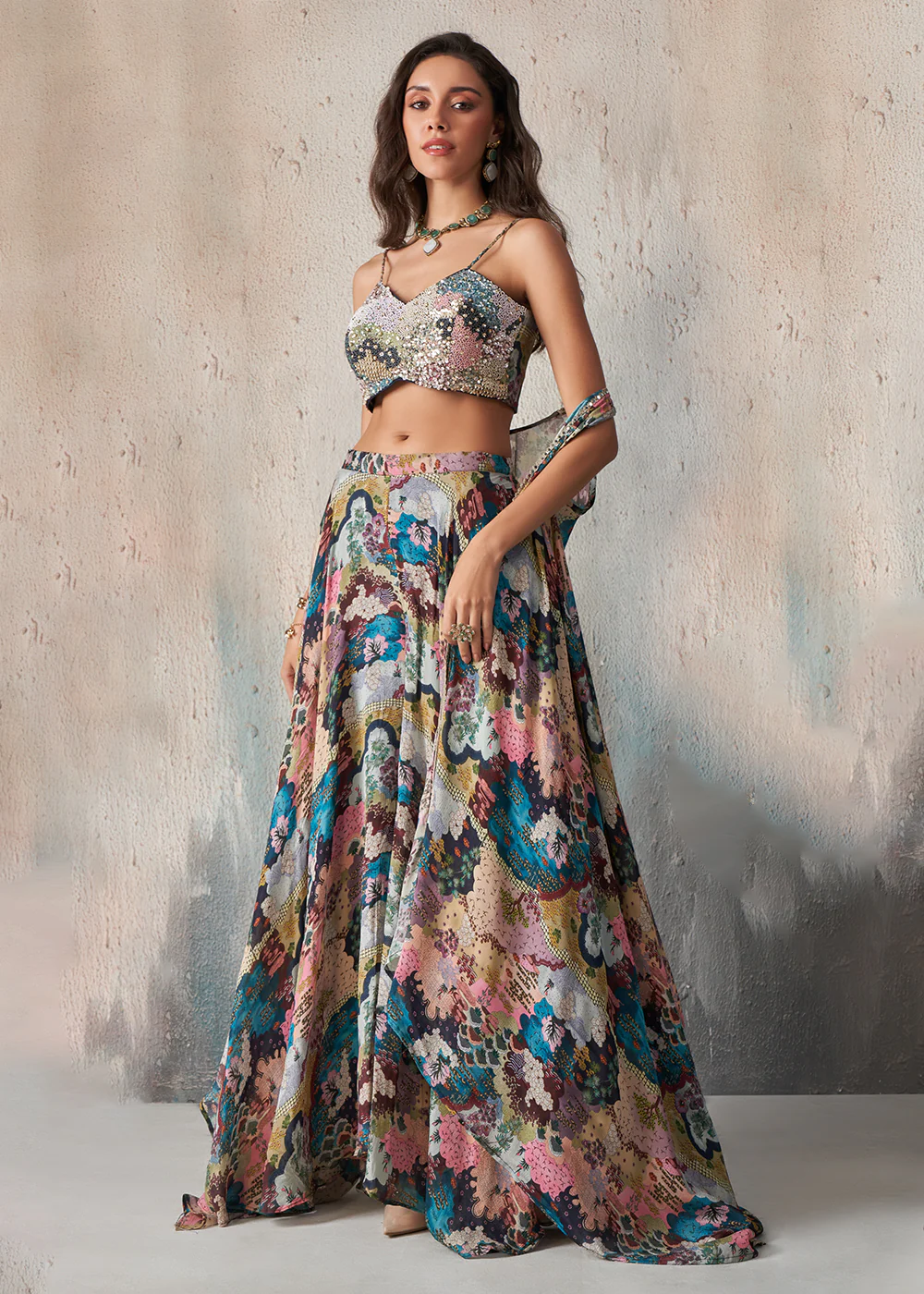 Designer Printed Blue Crop Top Style Lehenga Choli - Image 5