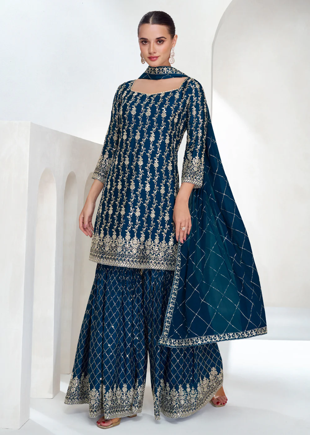 Designer Prussian Blue Embroidered Festive Gharara Suit - Image 3