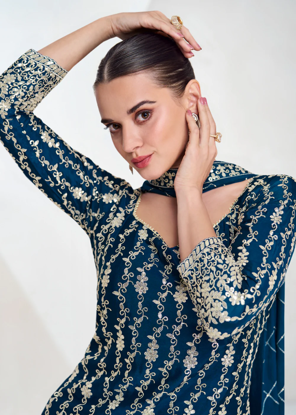 Designer Prussian Blue Embroidered Festive Gharara Suit - Image 4
