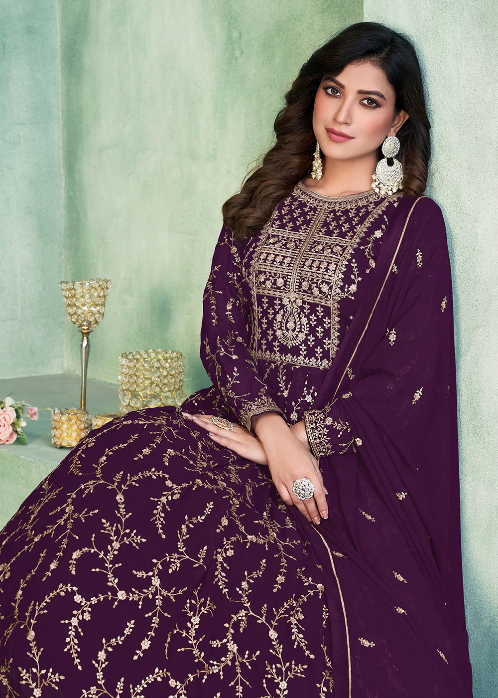 Designer Purple Embroidered Wedding Party Anarkali Suit - Image 2