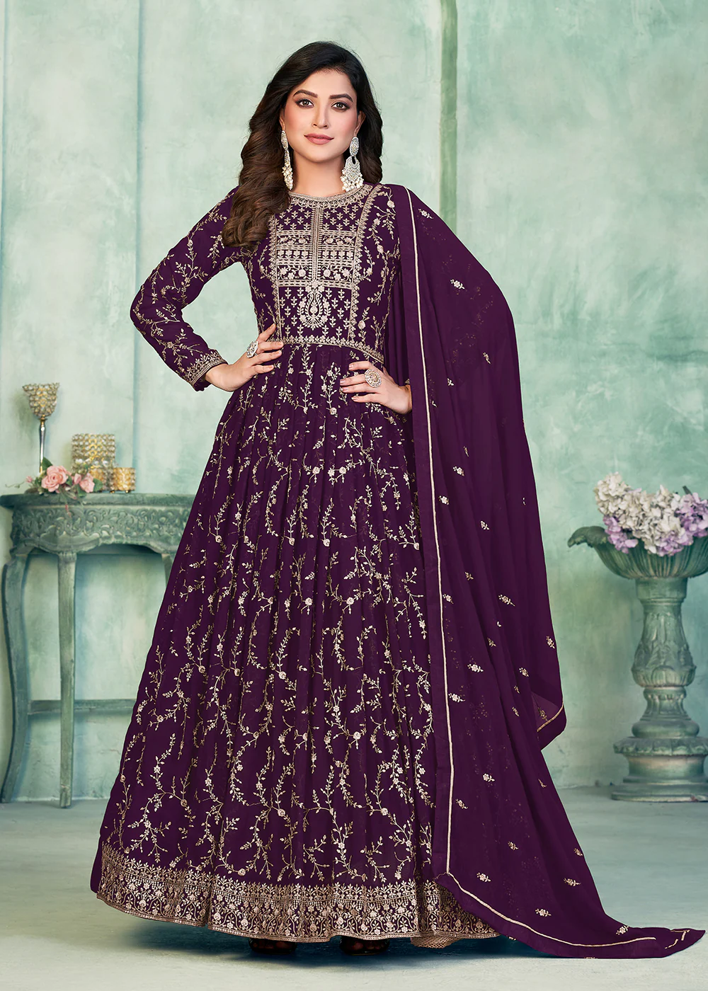 Designer Purple Embroidered Wedding Party Anarkali Suit - Image 3