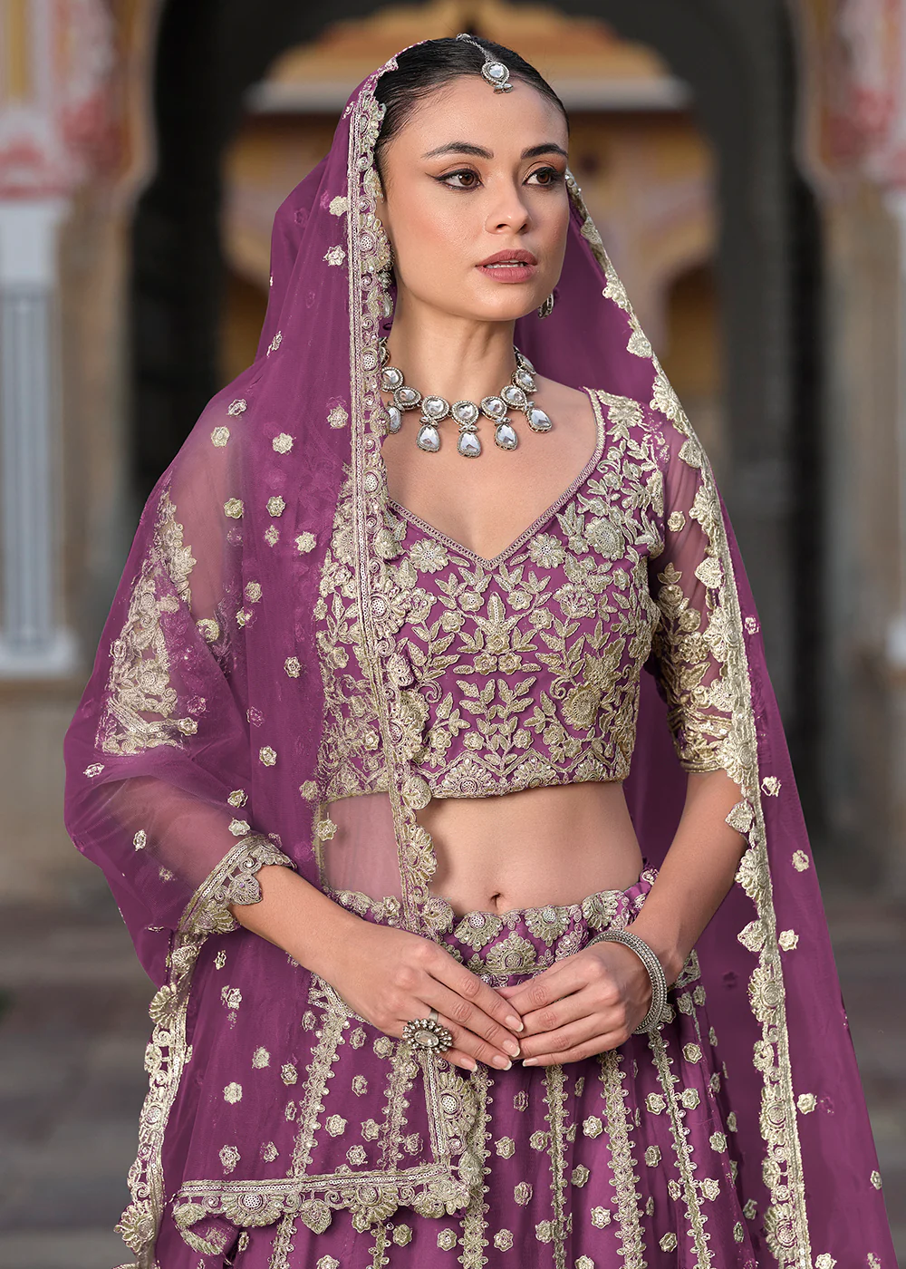 Designer Purple Net Embroidered Wedding Lehenga Choli - Image 2