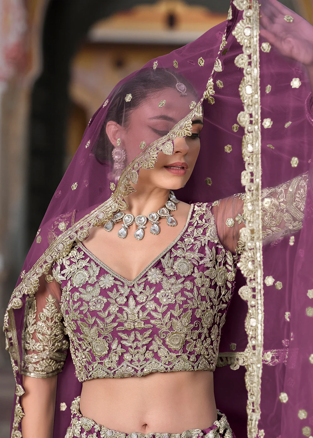 Designer Purple Net Embroidered Wedding Lehenga Choli - Image 6