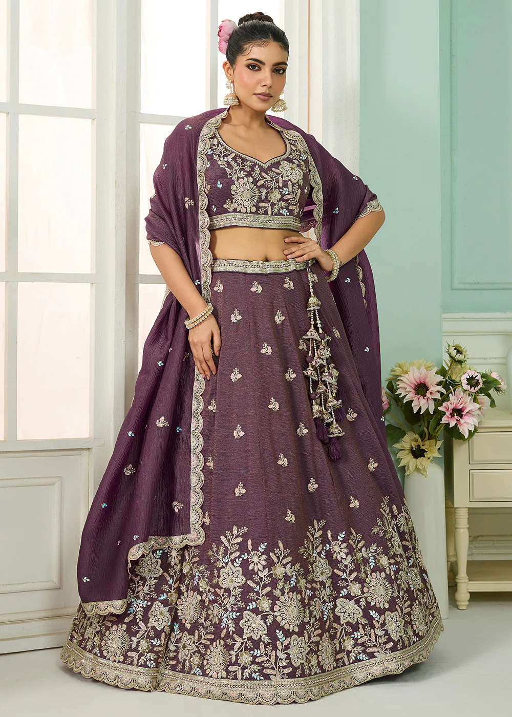 Designer Purple Wedding Style Tissue Lehenga Choli
