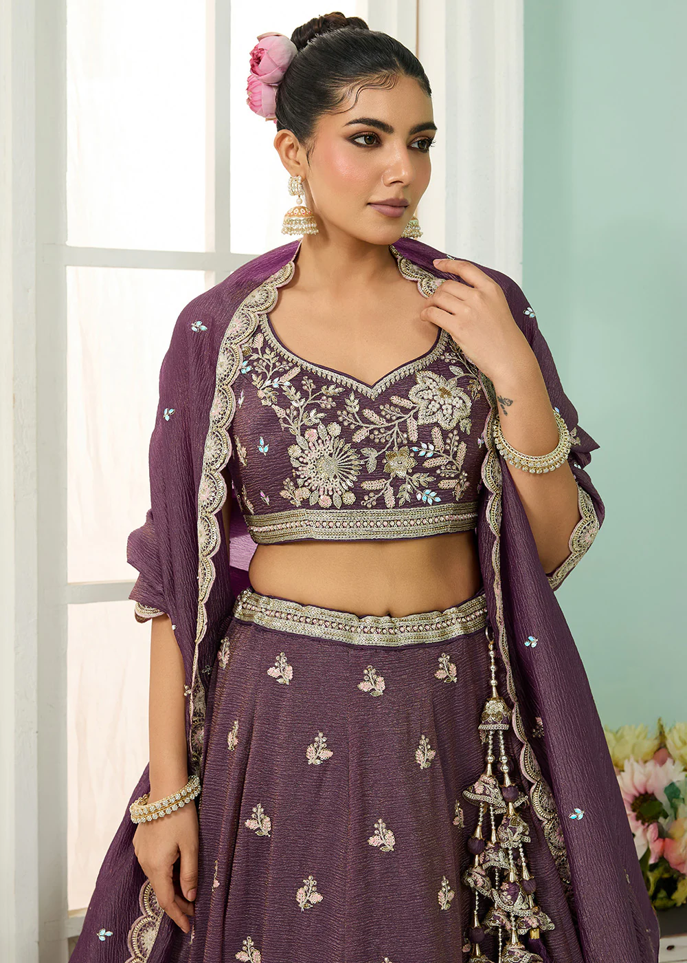 Designer Purple Wedding Style Tissue Lehenga Choli - Image 2