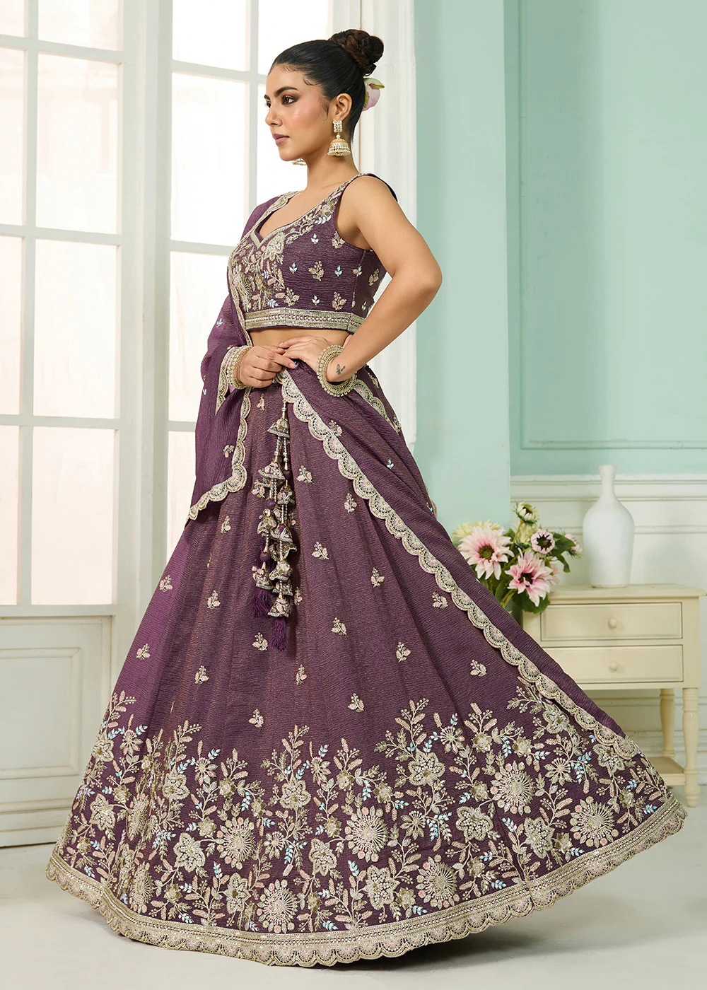 Designer Purple Wedding Style Tissue Lehenga Choli - Image 5