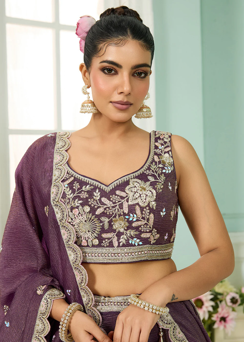 Designer Purple Wedding Style Tissue Lehenga Choli - Image 6