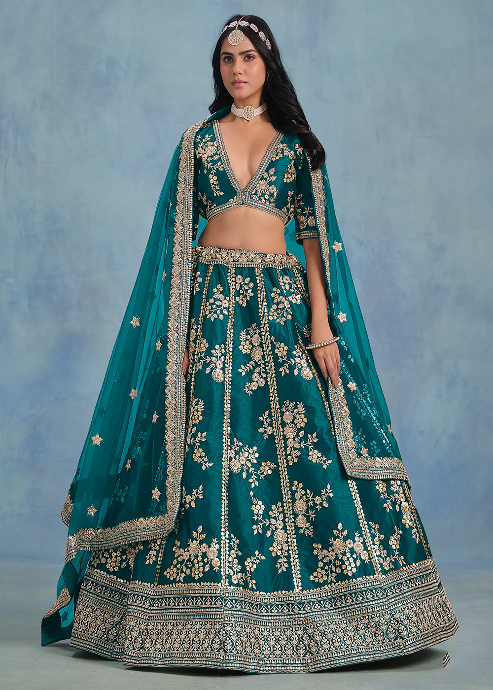 Designer Rama Green Art Silk Wedding Lehenga Choli