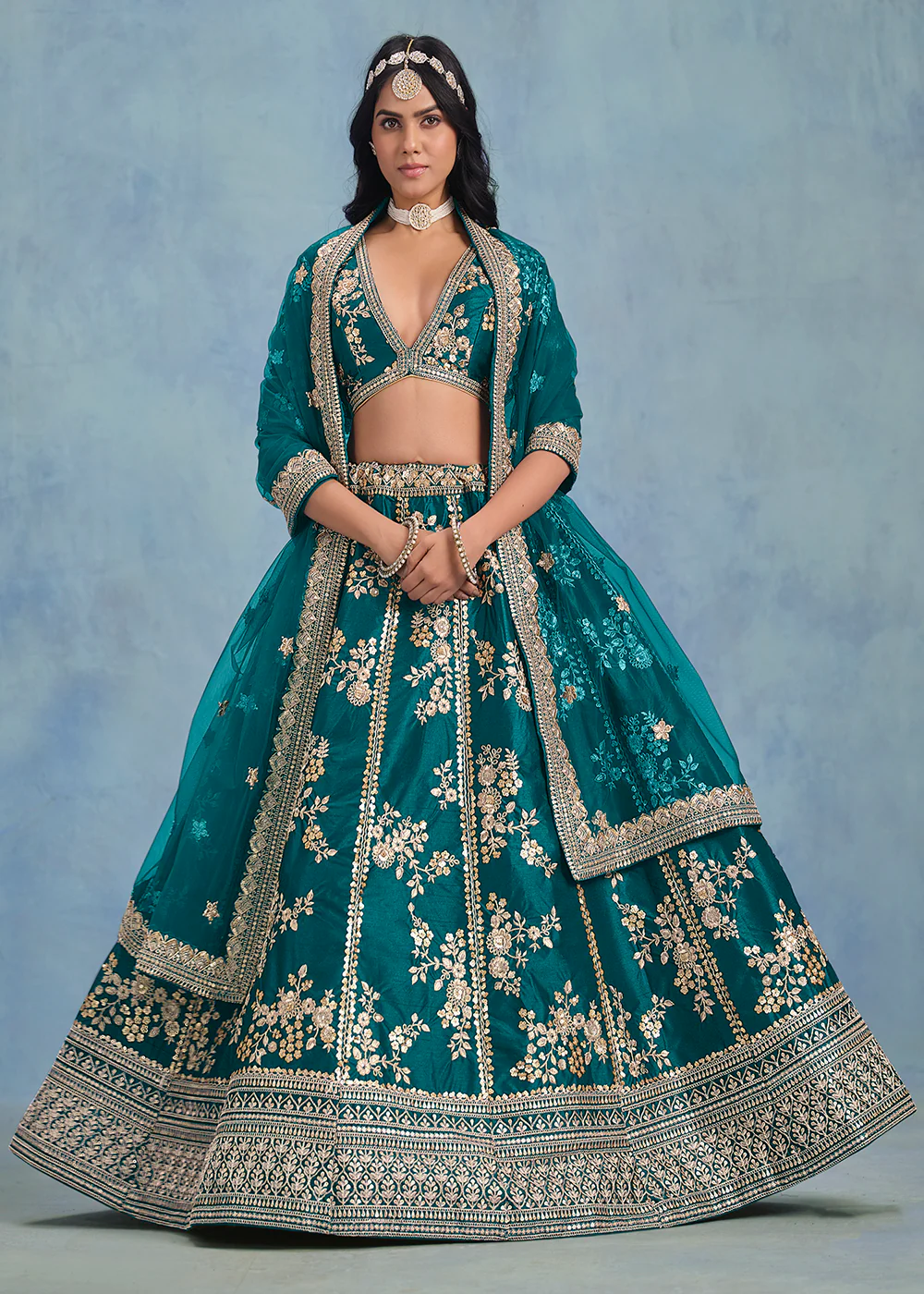 Designer Rama Green Art Silk Wedding Lehenga Choli - Image 4