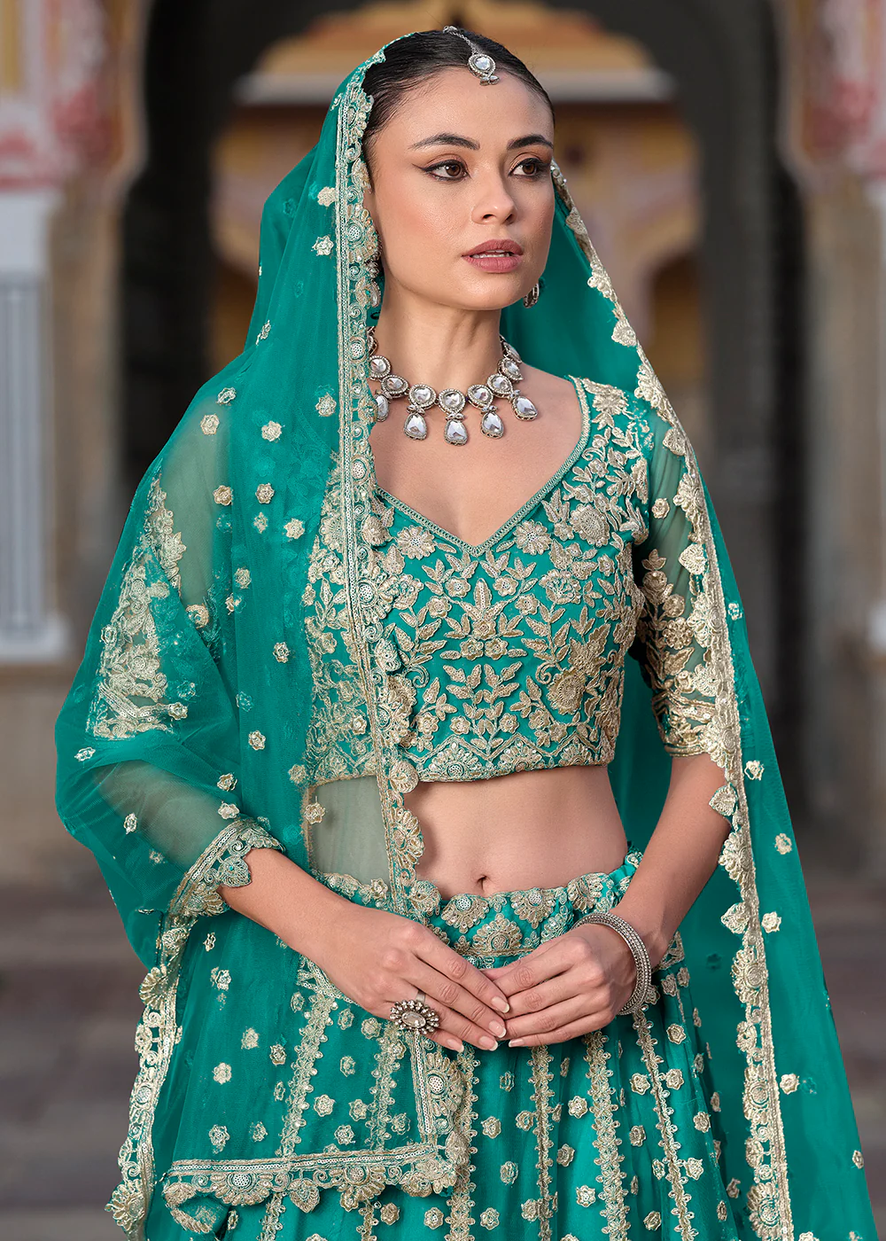 Designer Rama Net Embroidered Wedding Lehenga Choli - Image 2