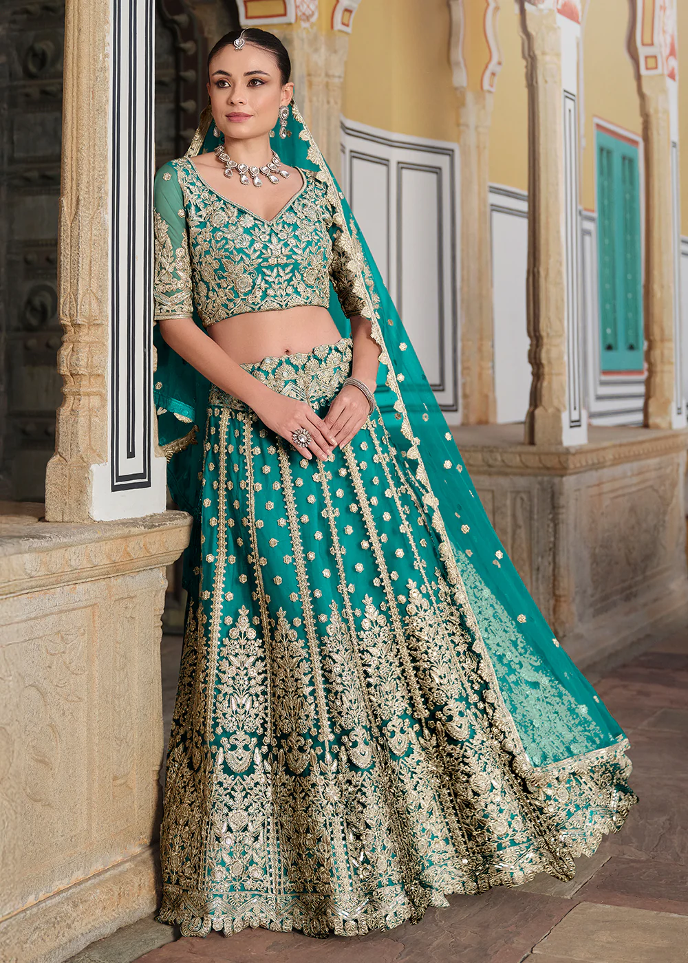 Designer Rama Net Embroidered Wedding Lehenga Choli - Image 5