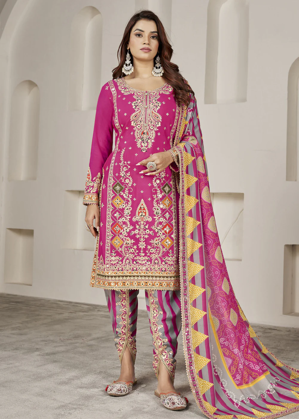 Designer Rani Pink Punjabi Style Dhoti Style Salwar Suit