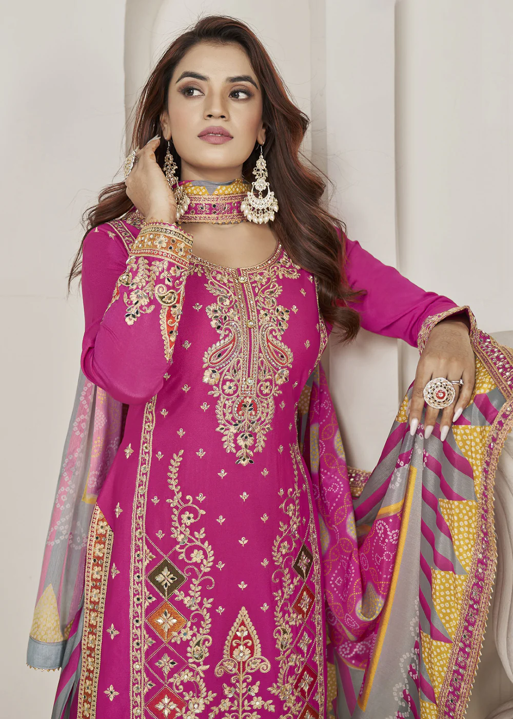 Designer Rani Pink Punjabi Style Dhoti Style Salwar Suit - Image 2