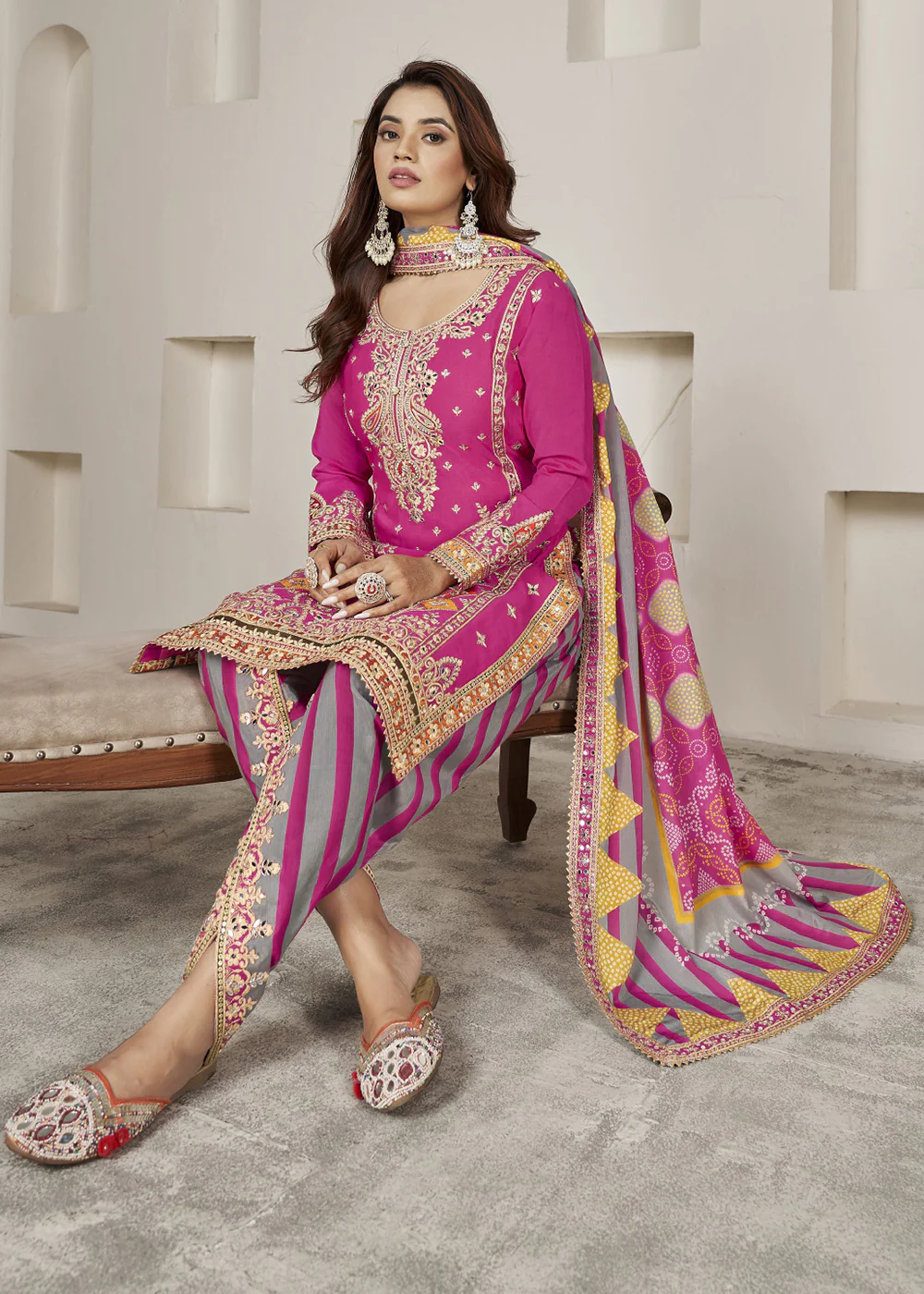 Designer Rani Pink Punjabi Style Dhoti Style Salwar Suit - Image 3