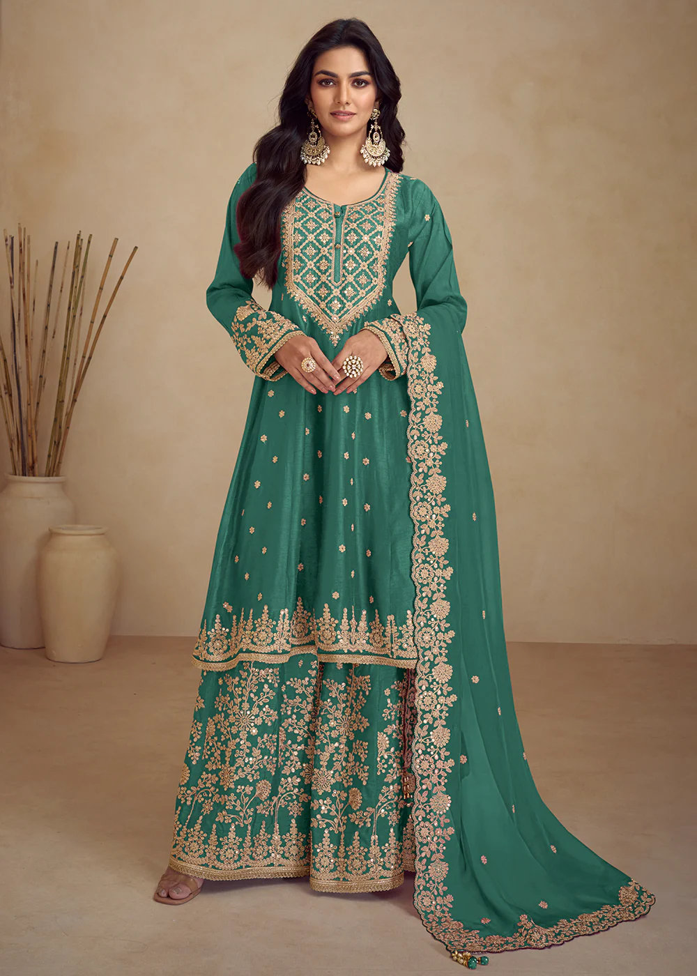 Designer Real Chinnon Green Embroidered Palazzo Suit
