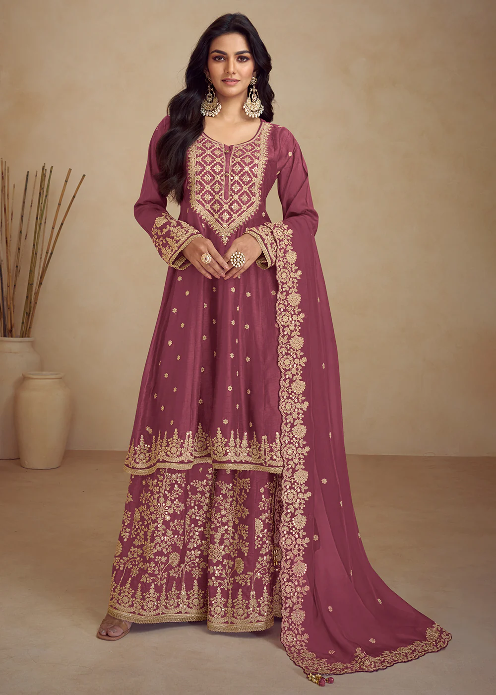 Designer Real Chinnon Pink Embroidered Palazzo Suit