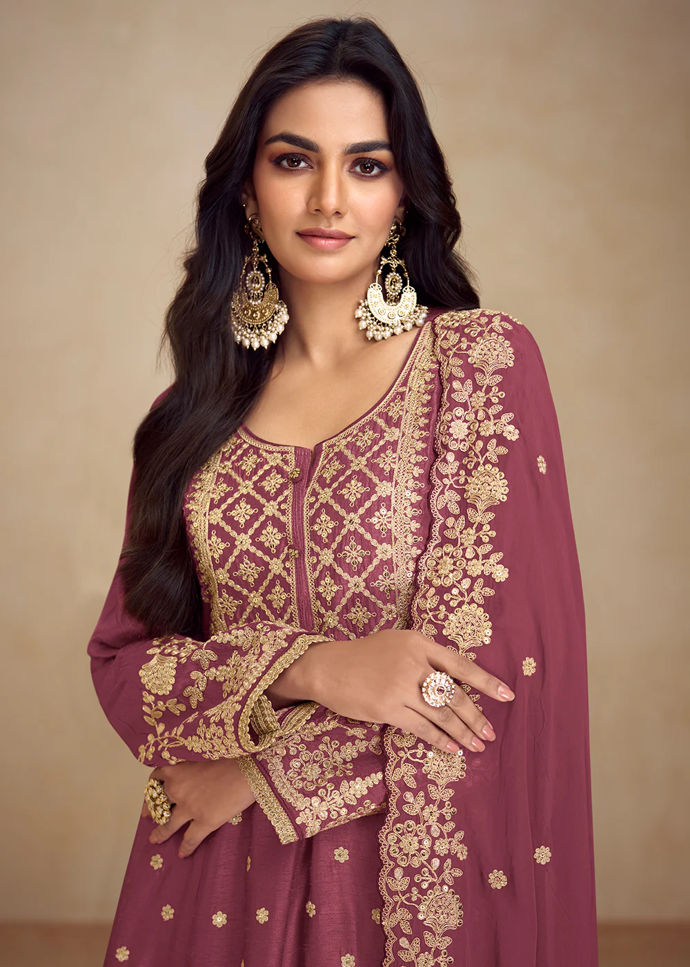Designer Real Chinnon Pink Embroidered Palazzo Suit - Image 2