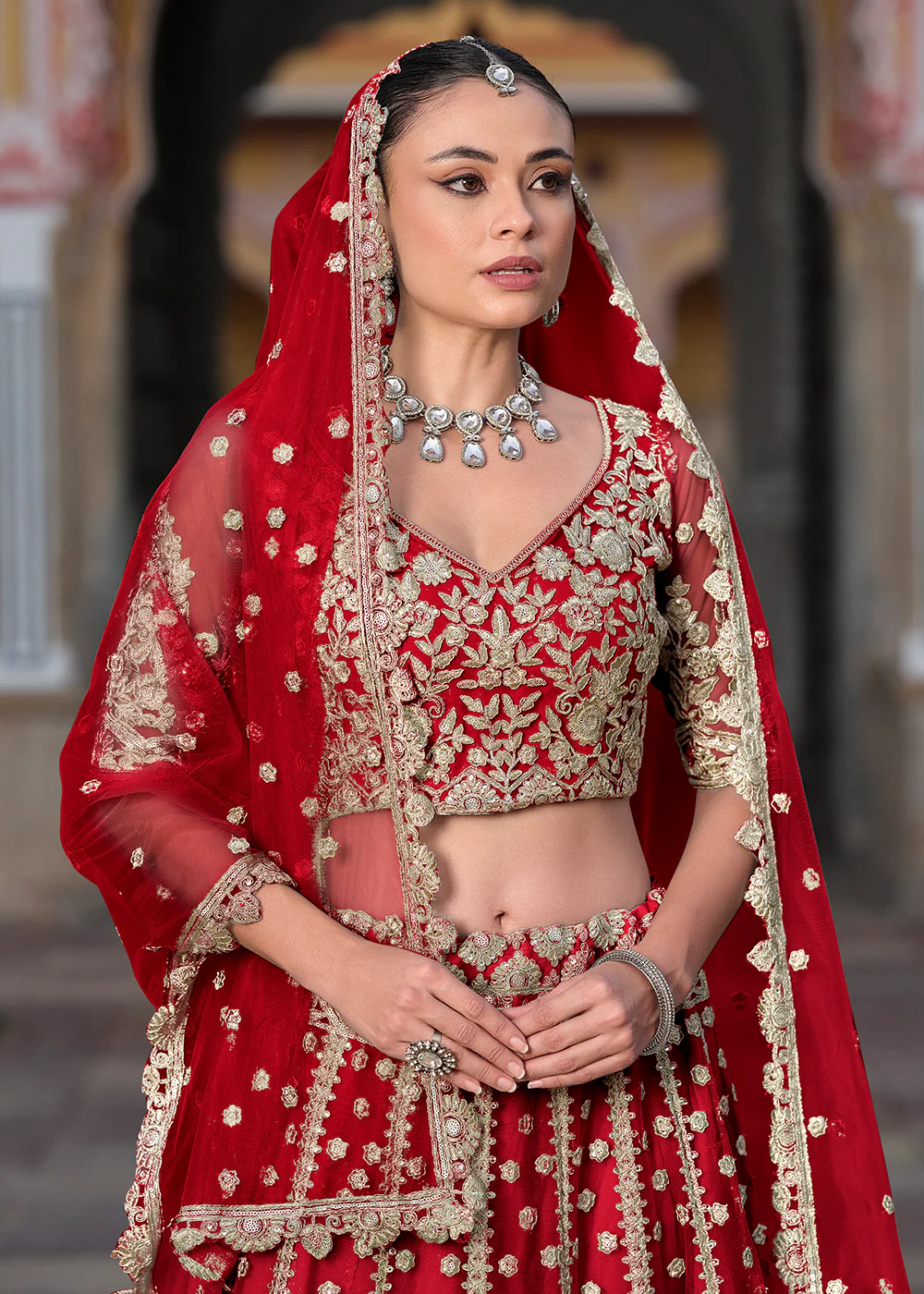 Designer Red Net Embroidered Wedding Lehenga Choli - Image 2