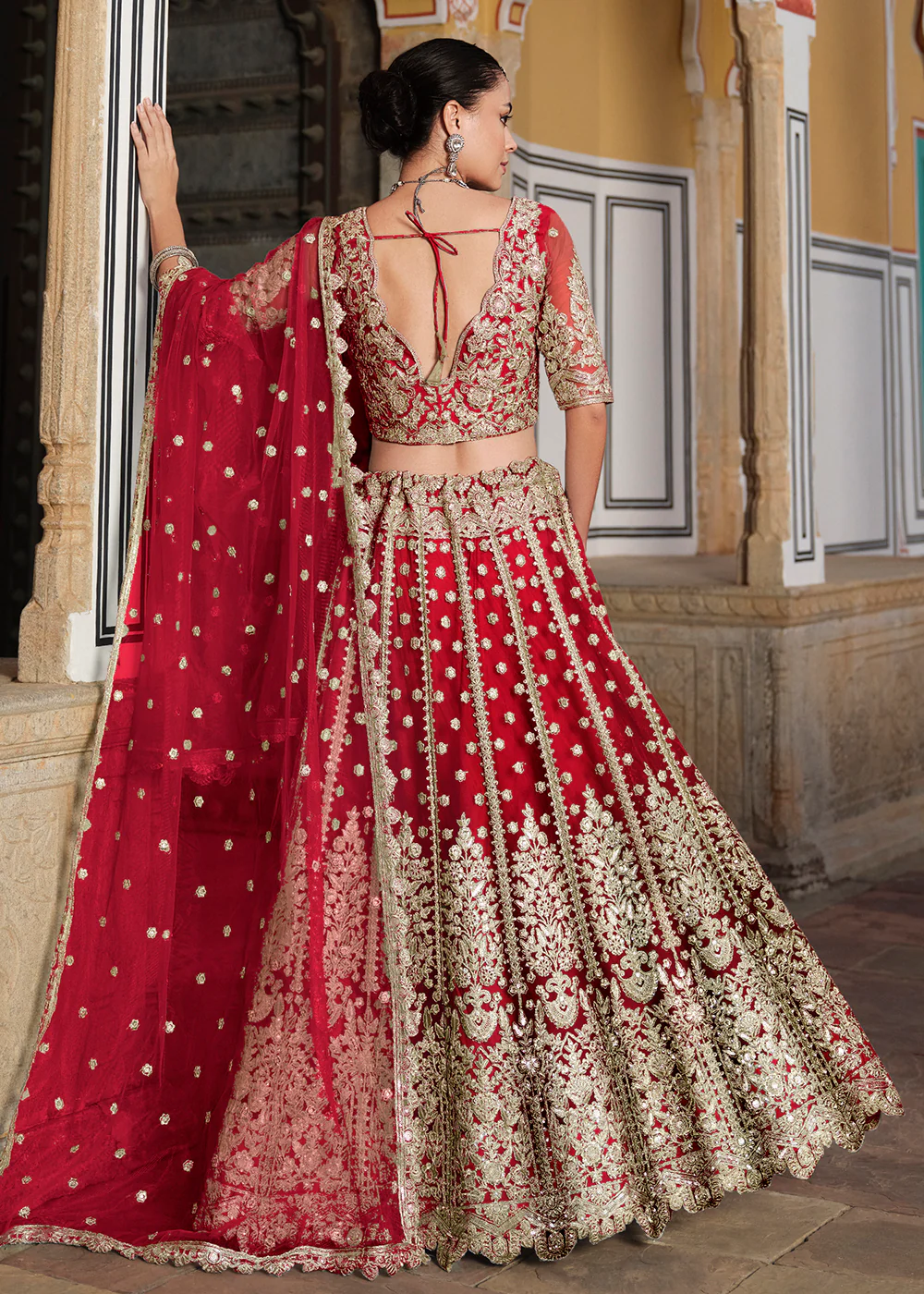 Designer Red Net Embroidered Wedding Lehenga Choli - Image 3