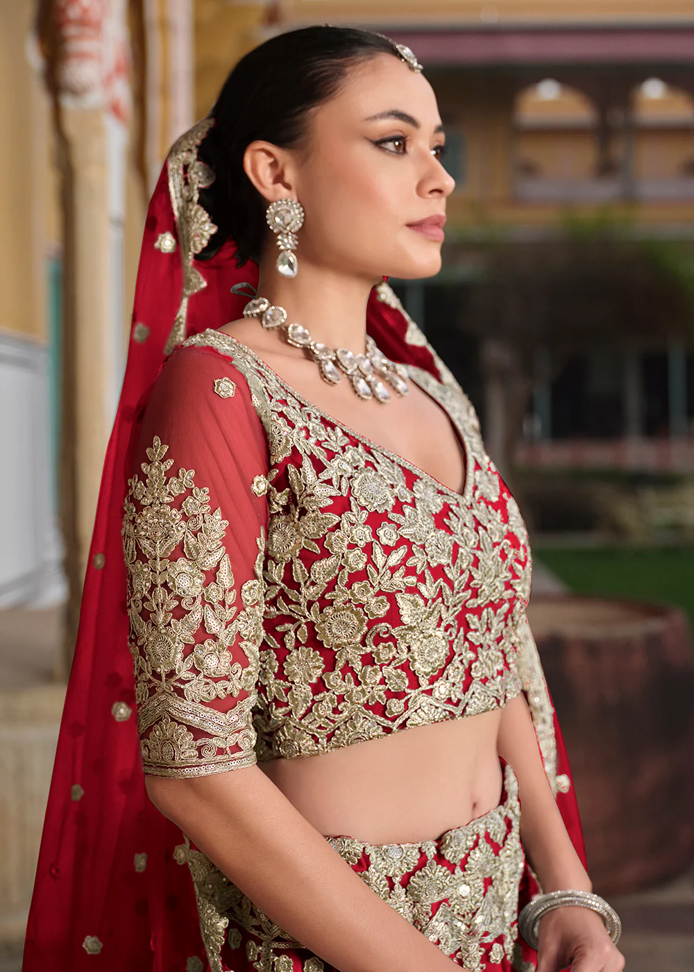 Designer Red Net Embroidered Wedding Lehenga Choli - Image 4
