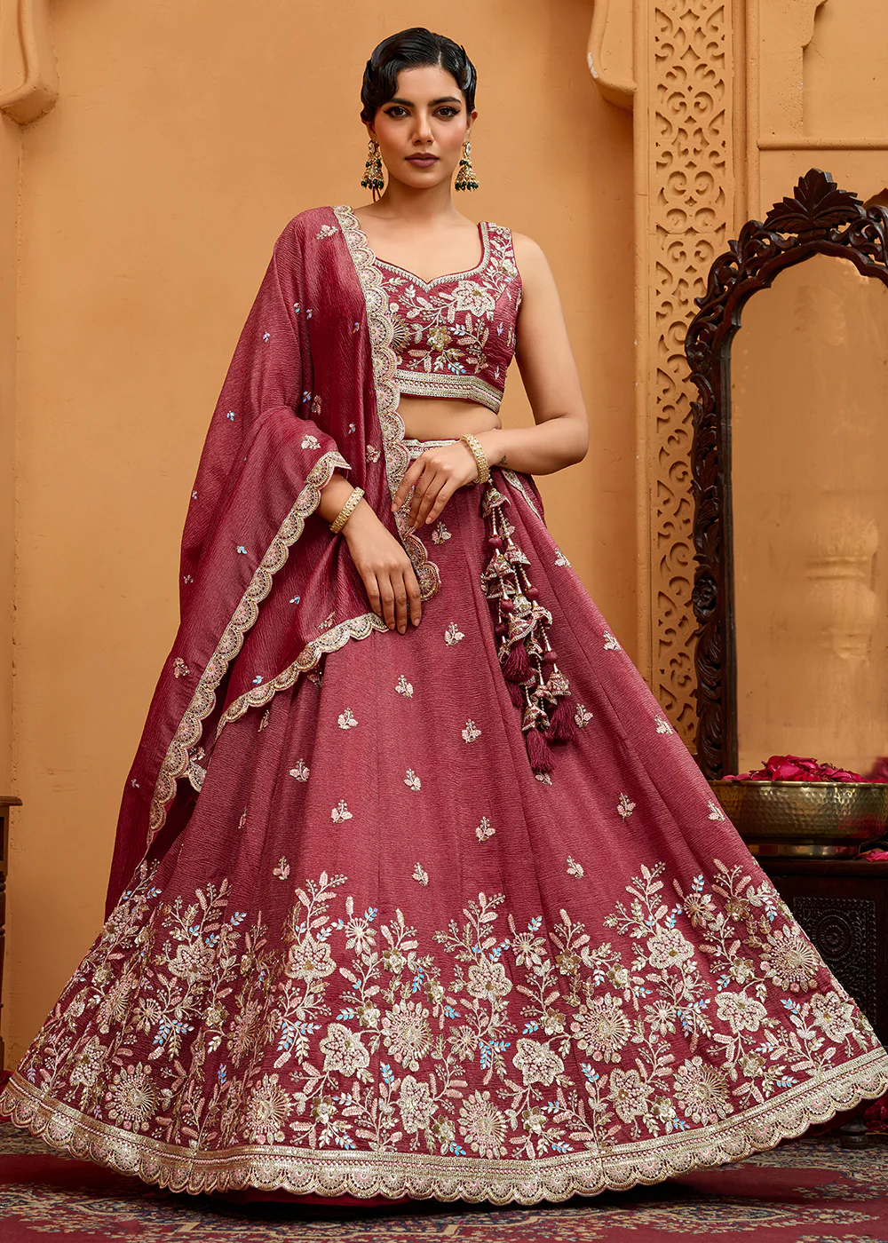 Designer Rose Gold Wedding Style Tissue Lehenga Choli