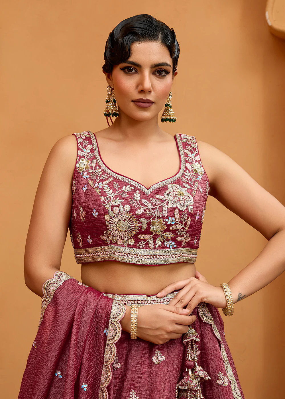 Designer Rose Gold Wedding Style Tissue Lehenga Choli - Image 2