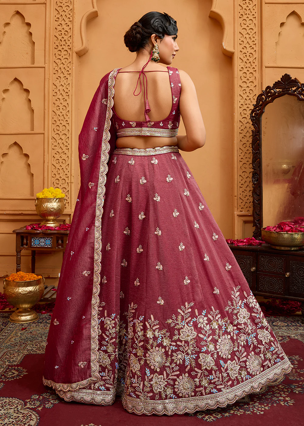 Designer Rose Gold Wedding Style Tissue Lehenga Choli - Image 3