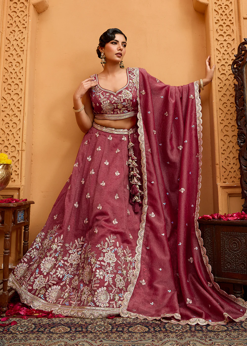 Designer Rose Gold Wedding Style Tissue Lehenga Choli - Image 4