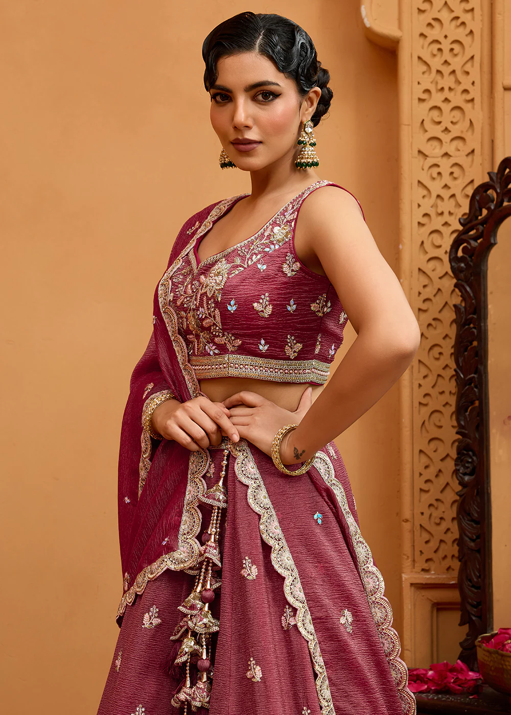 Designer Rose Gold Wedding Style Tissue Lehenga Choli - Image 5