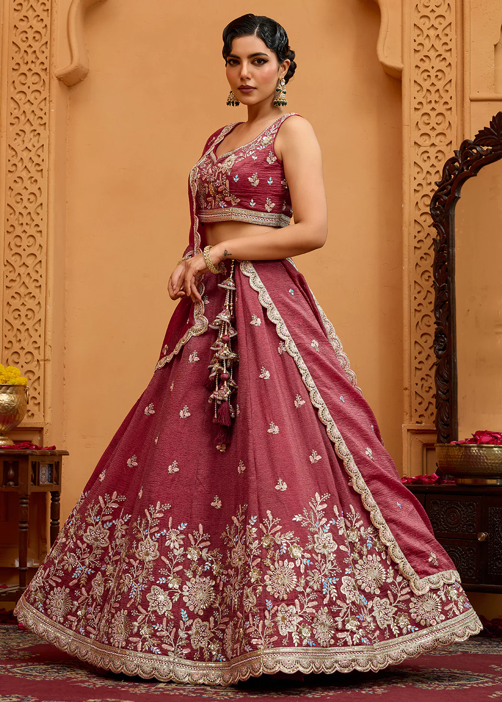 Designer Rose Gold Wedding Style Tissue Lehenga Choli - Image 6