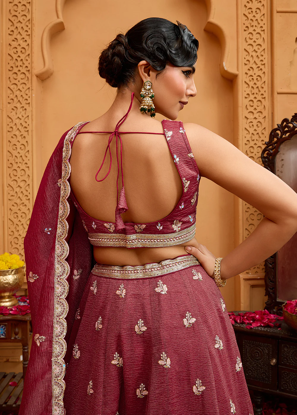 Designer Rose Gold Wedding Style Tissue Lehenga Choli - Image 7