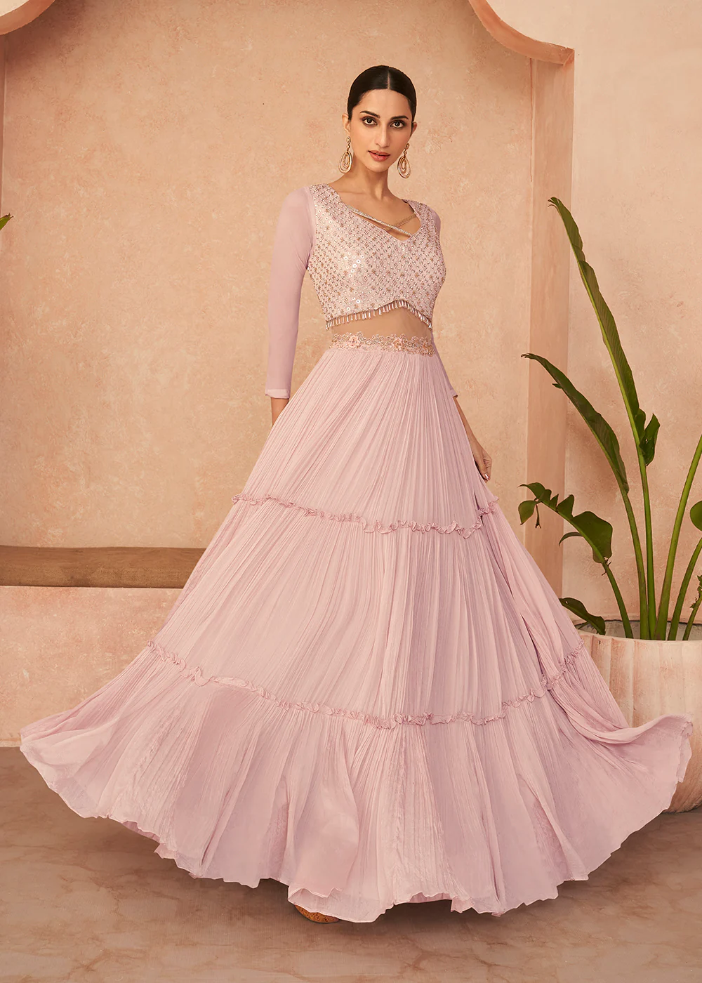 Designer Rose Pink Sequins Embroidered Party Lehenga