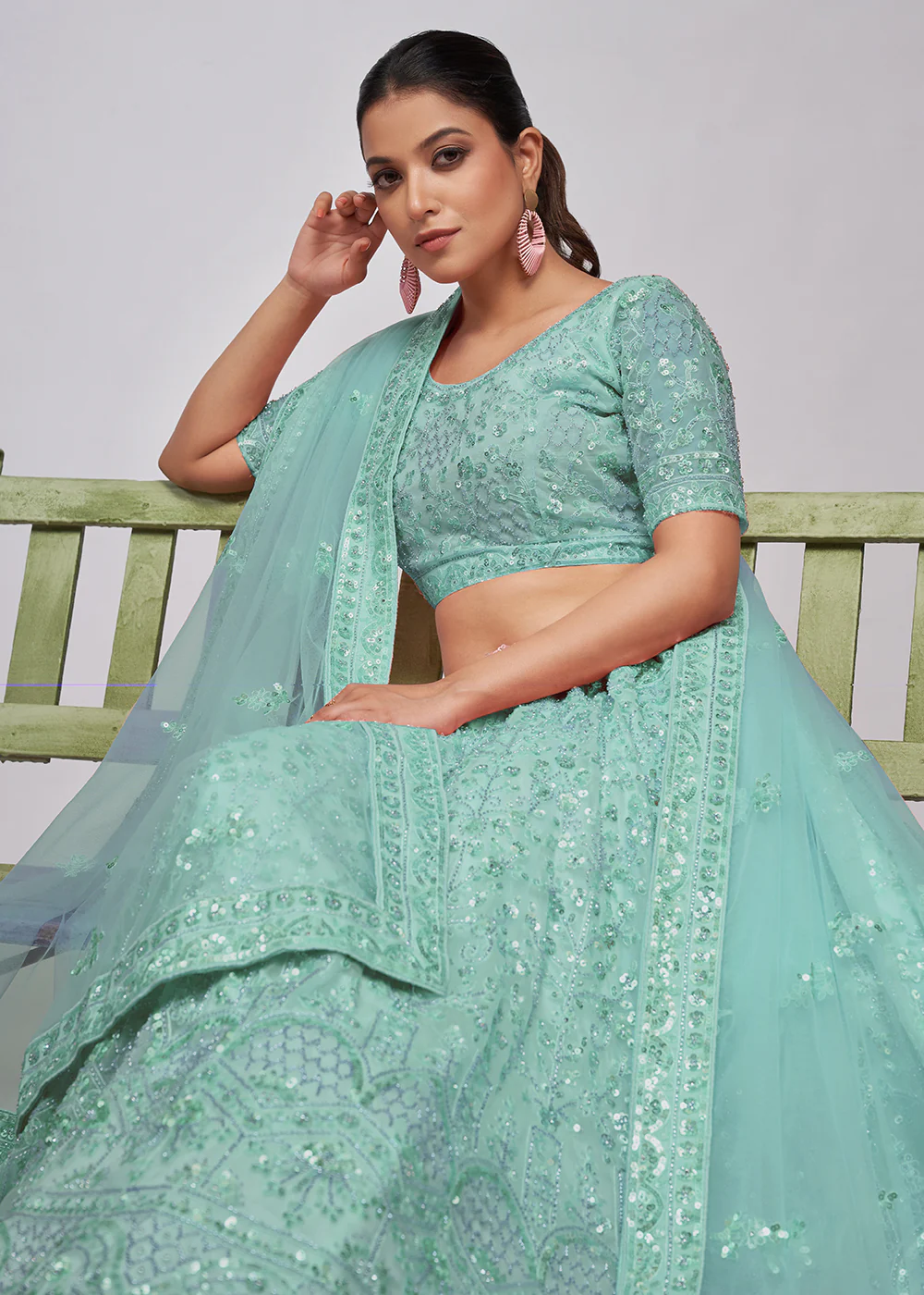Designer Sky Blue Floral Embroidered Bridal Lehenga Choli - Image 2