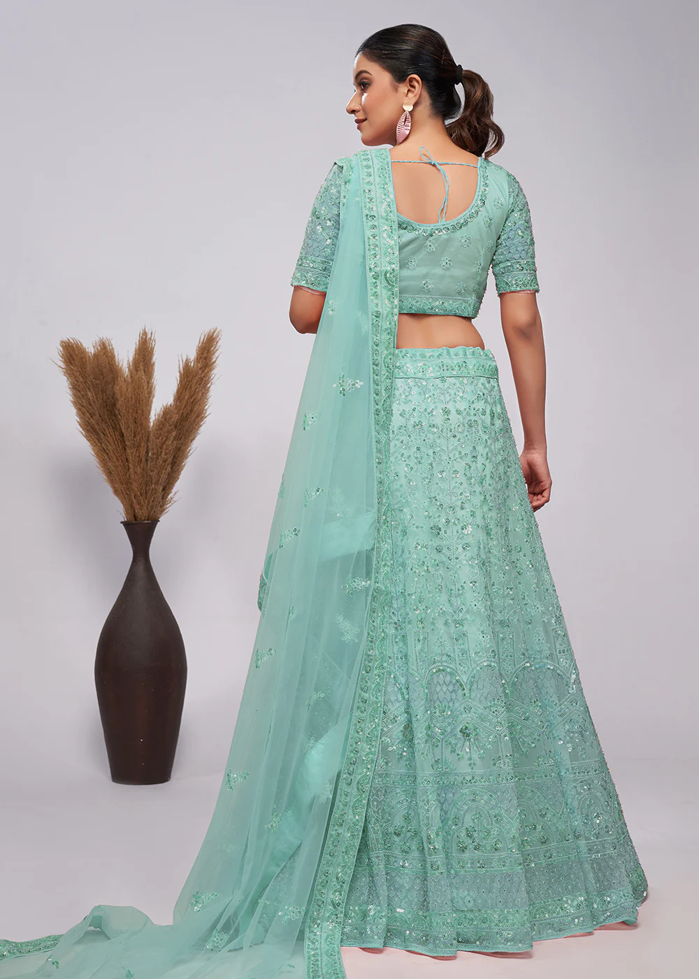 Designer Sky Blue Floral Embroidered Bridal Lehenga Choli - Image 3