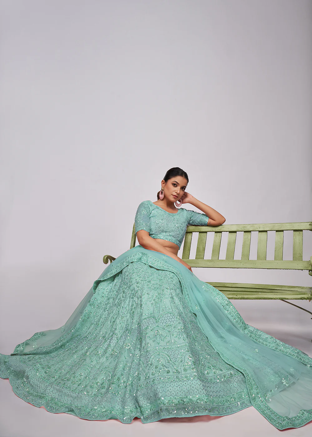 Designer Sky Blue Floral Embroidered Bridal Lehenga Choli - Image 4