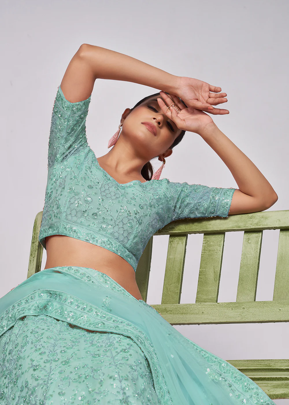 Designer Sky Blue Floral Embroidered Bridal Lehenga Choli - Image 5