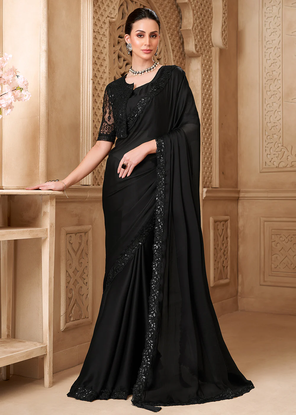 Designer Style Black Embroidered Wedding Saree
