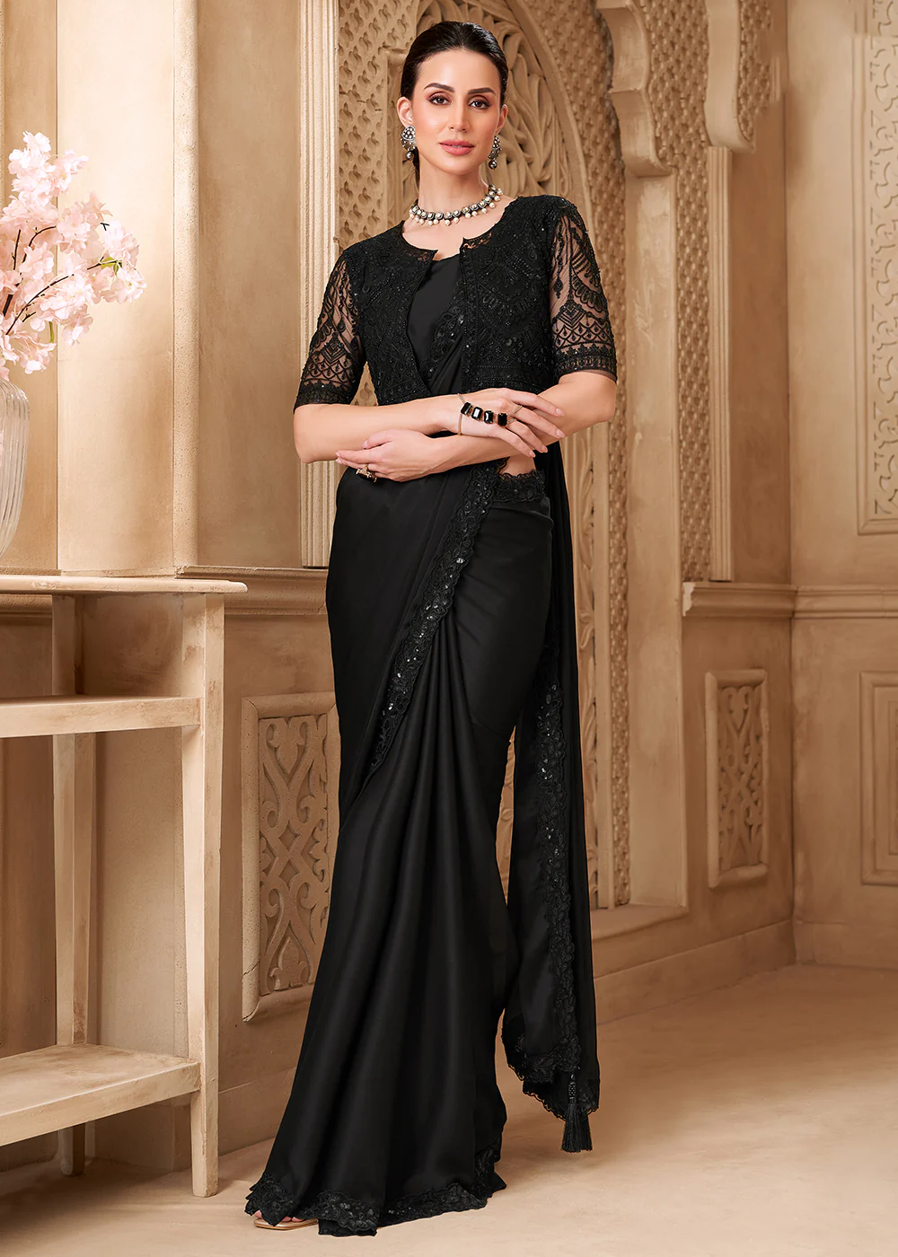 Designer Style Black Embroidered Wedding Saree - Image 3