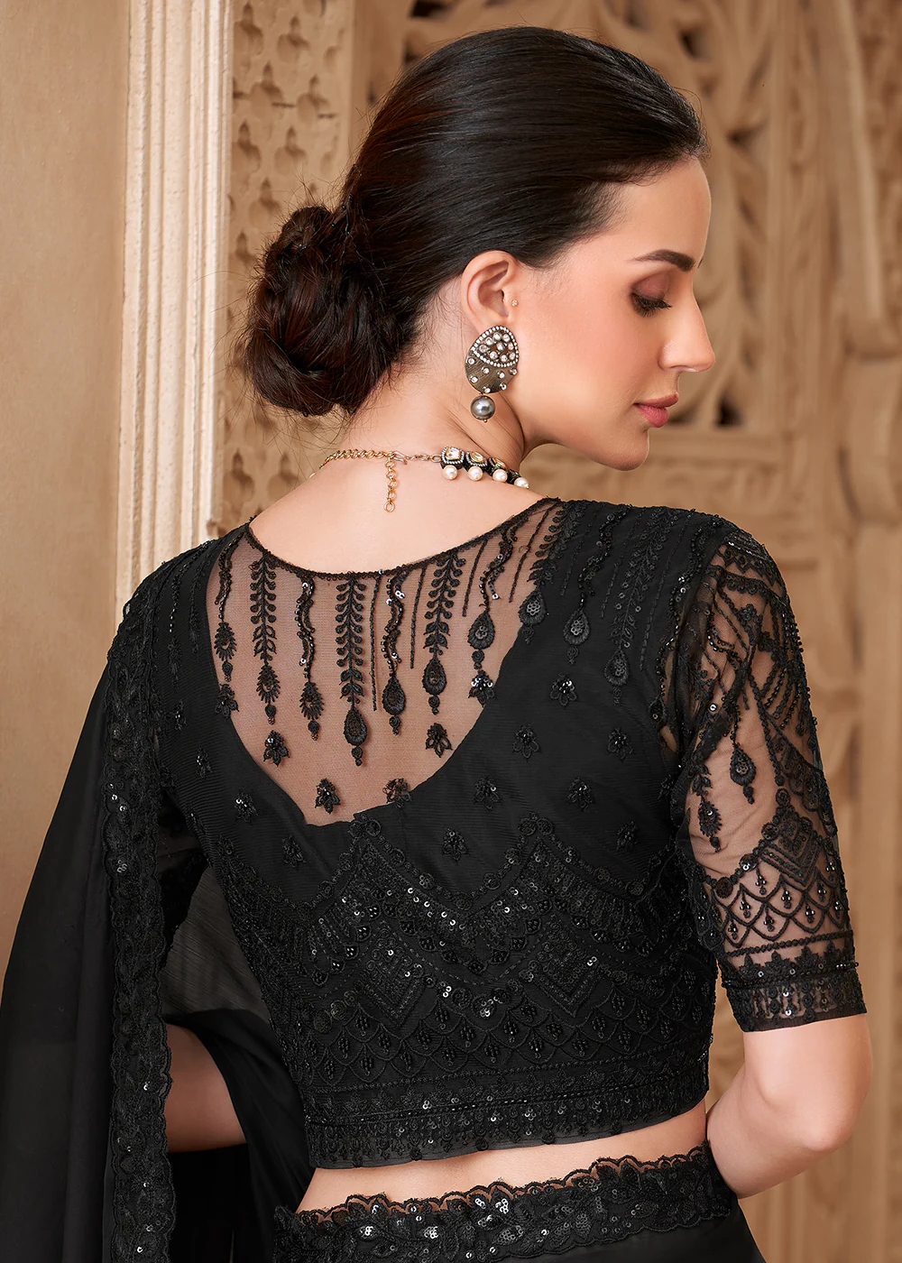 Designer Style Black Embroidered Wedding Saree - Image 4