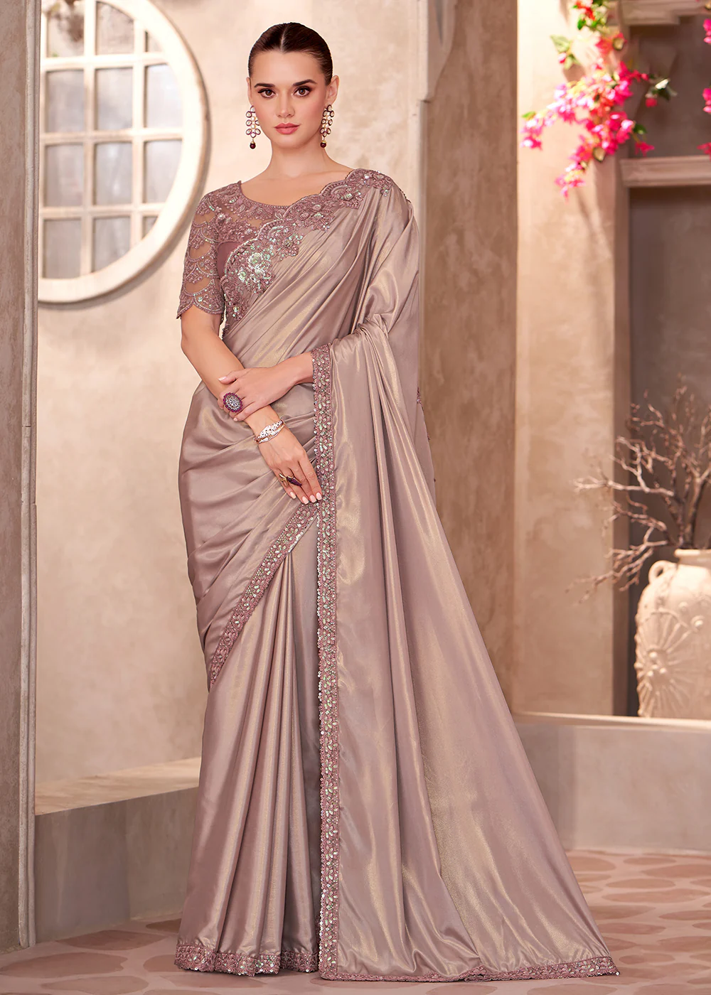 Designer Style Brown Embroidered Wedding Saree