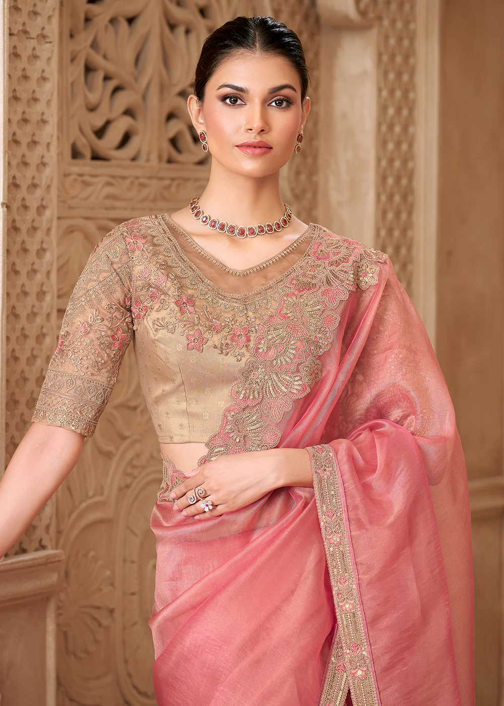 Designer Style Coral Embroidered Wedding Saree - Image 2