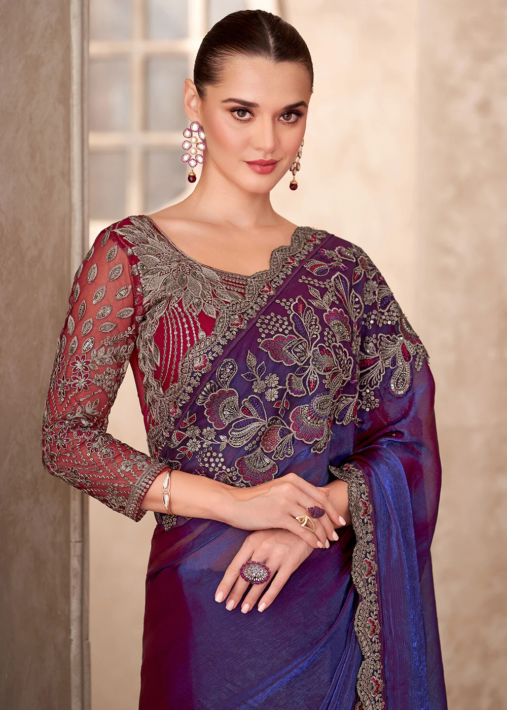Designer Style Electric Blue Embroidered Wedding Saree - Image 2