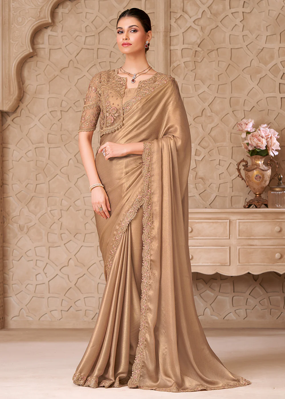 Designer Style Gold Embroidered Wedding Saree