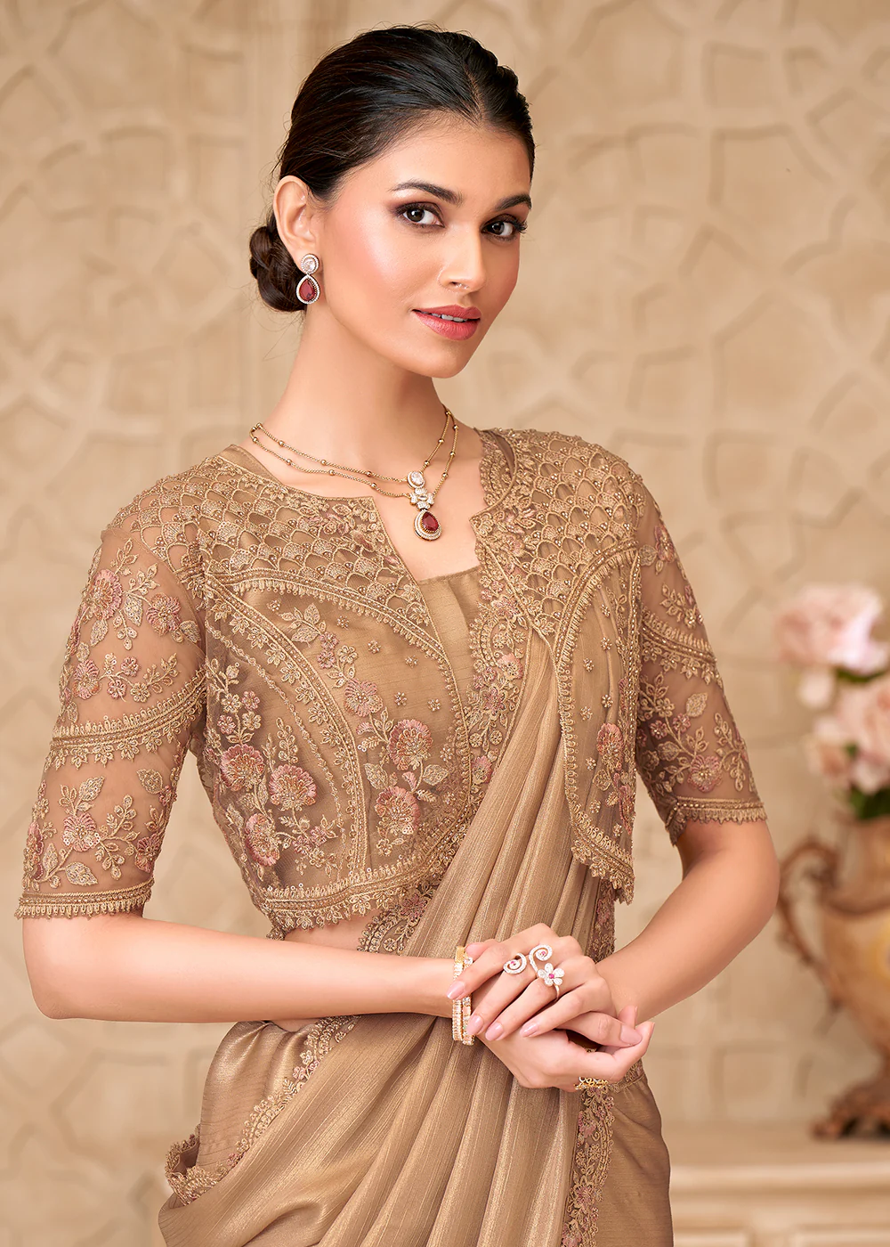 Designer Style Gold Embroidered Wedding Saree - Image 2