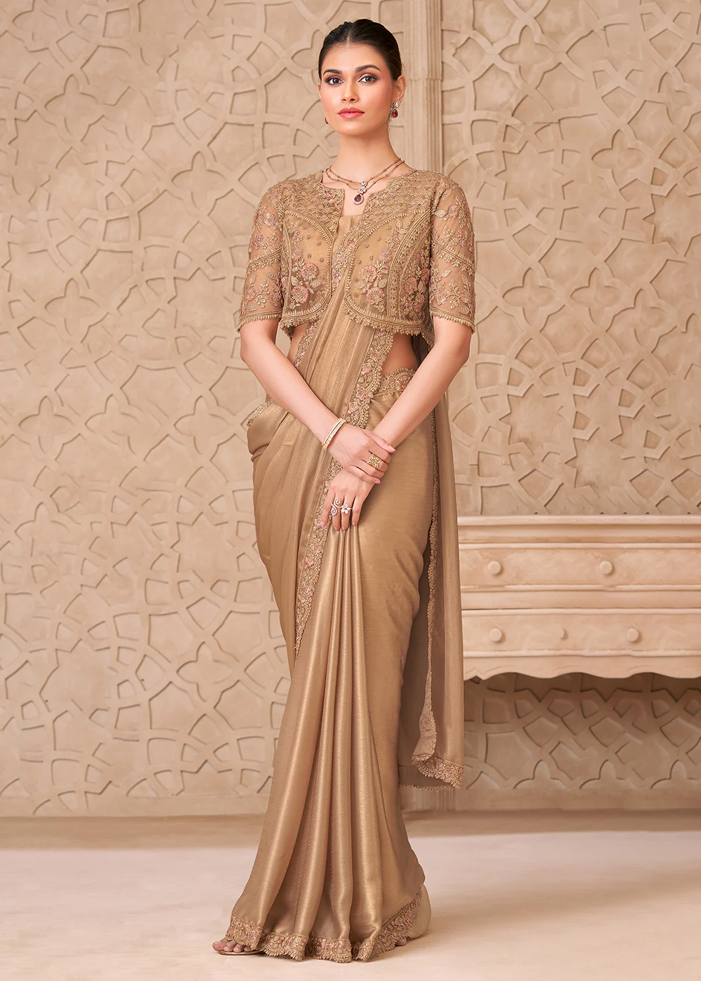 Designer Style Gold Embroidered Wedding Saree - Image 3