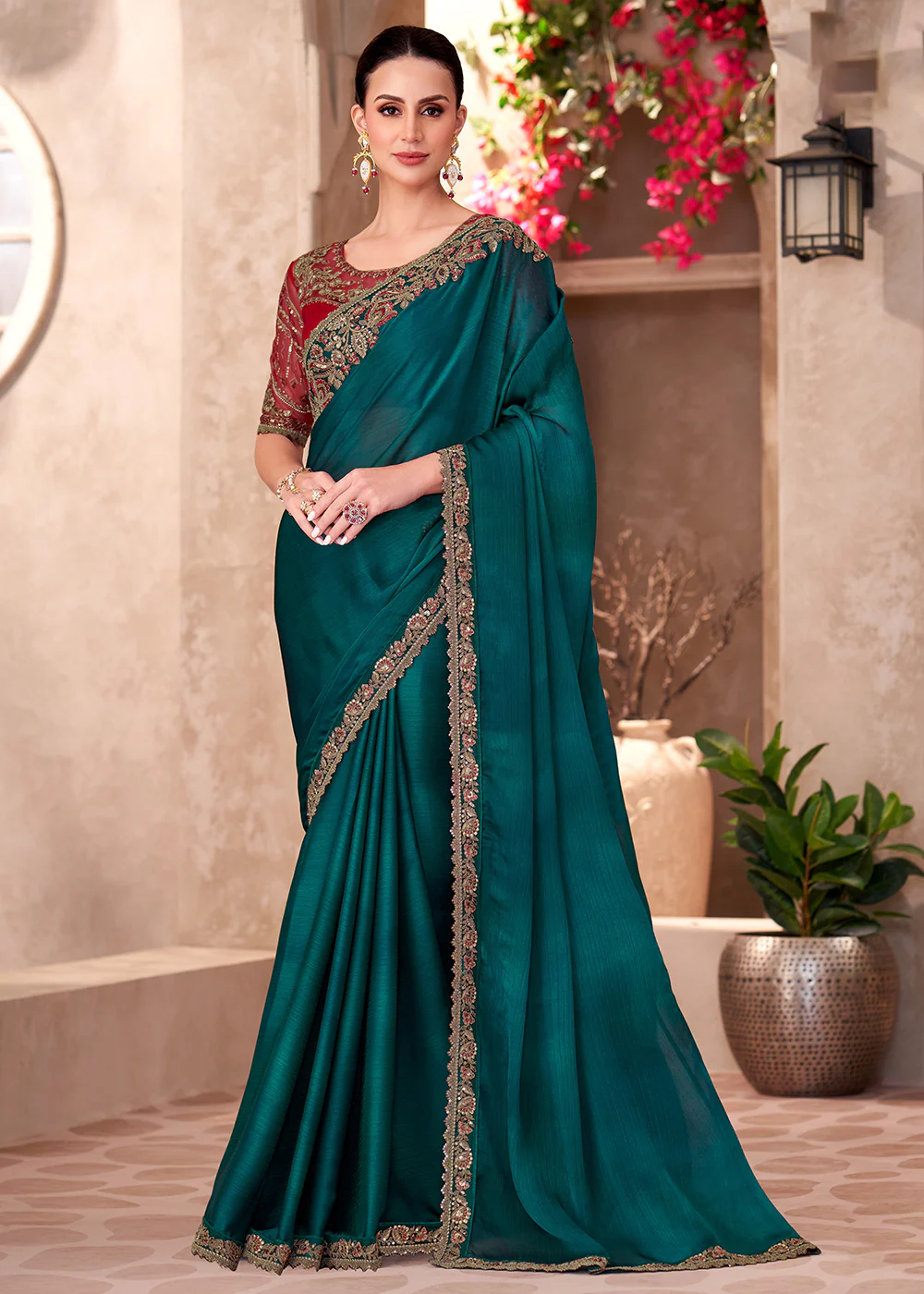 Designer Style Green Embroidered Wedding Saree
